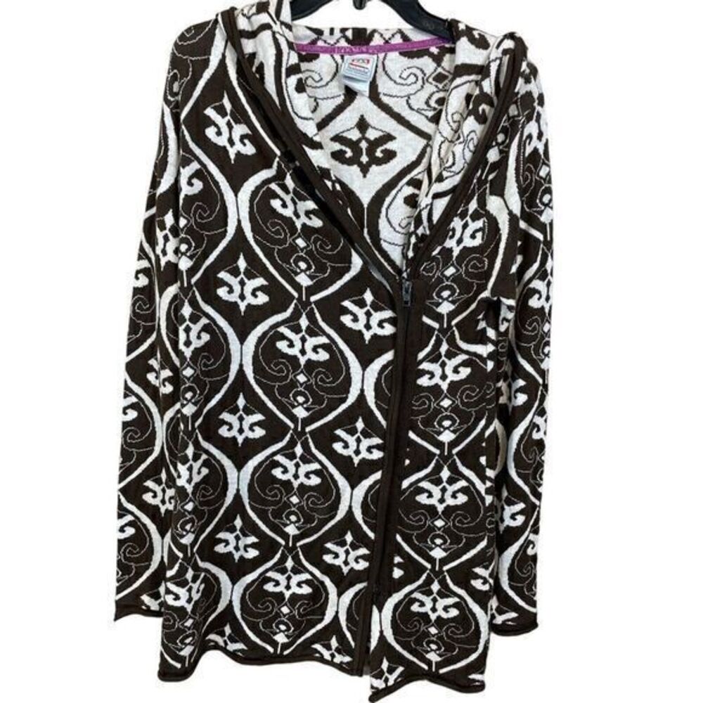 Avalanche Womens Full Zip Cardigan Brown Sz Medium Damask Knit Hoodie Tunic Cozy